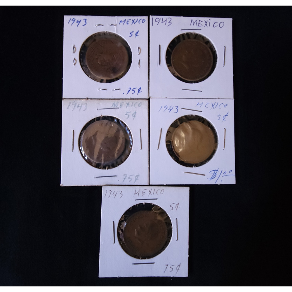 Mexico 5 Lot 1943 Cinco Centavos Josefa Ortiz Vintage Mexican World Coins Nice